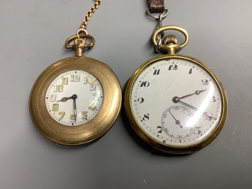 A continental 18ct gold open face keyless pocket watch, (a.f.) and a gold plated pocket watch.